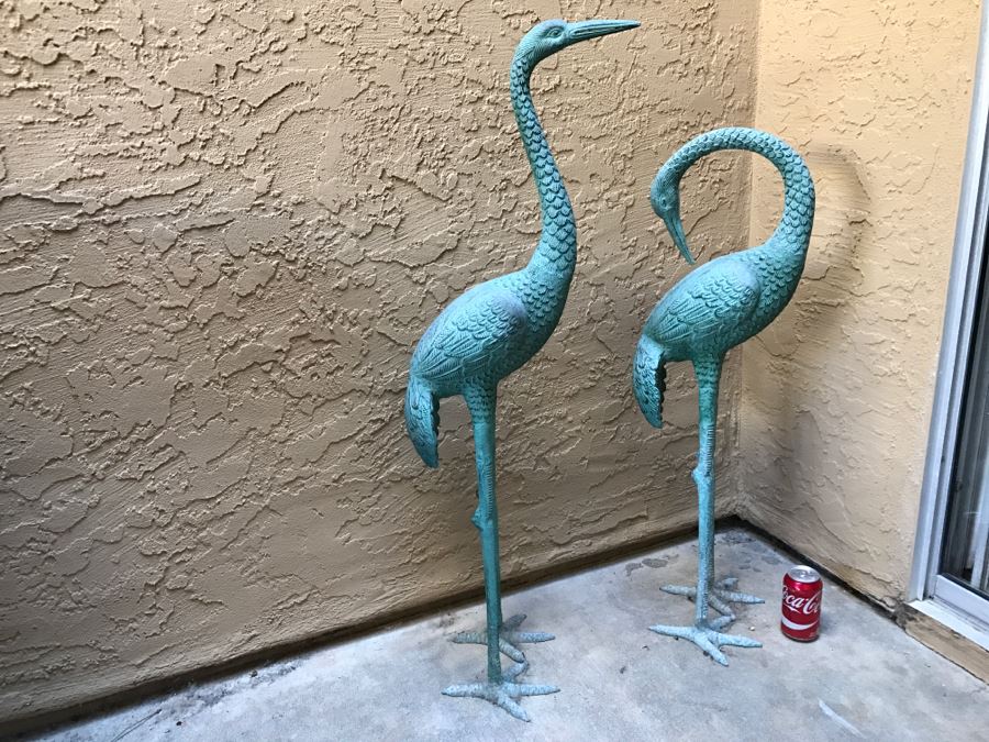 Pair Of Metal Blue Patina Garden Yard Birds Egrets