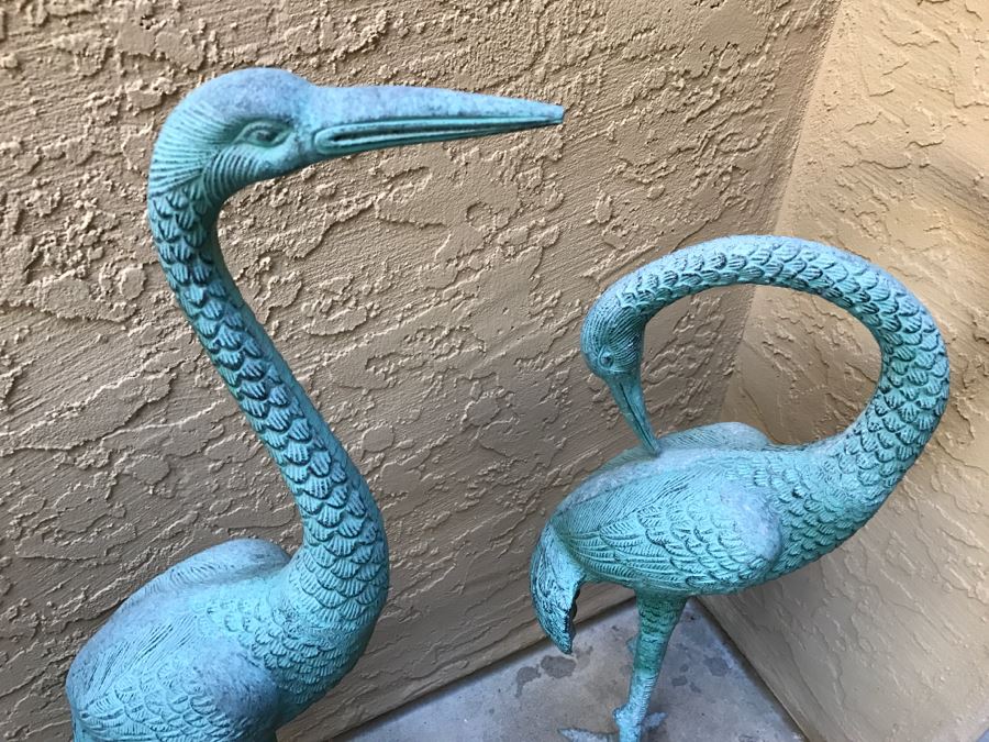 Pair Of Metal Blue Patina Garden Yard Birds Egrets [Photo 3]