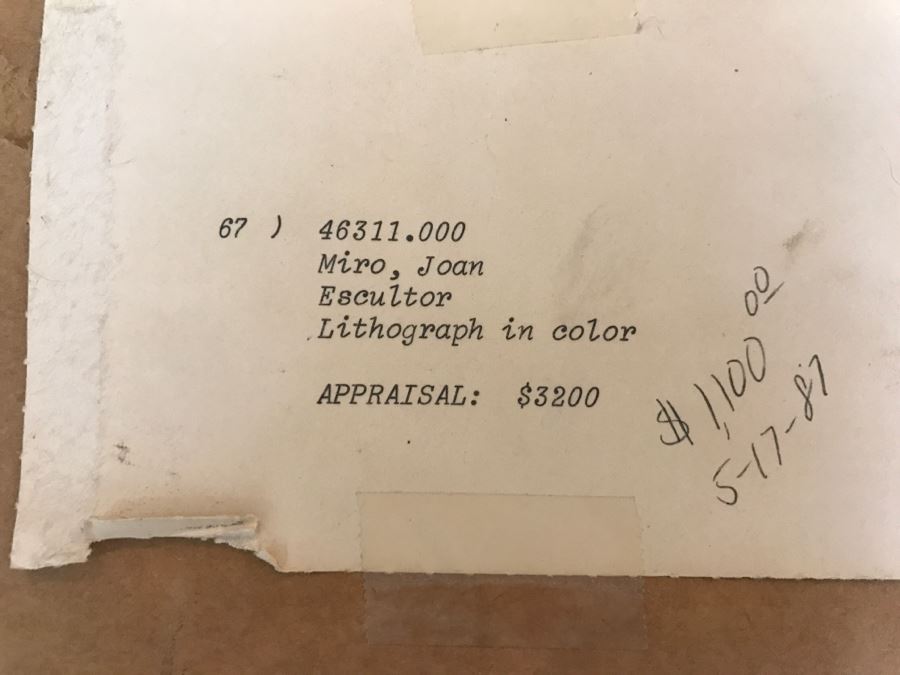 Joan Miro Lithograph Escultor Hand Signed Lower Right Limited Edition 5 Of 20 In Gilt Wood Frame Appraised For $3,200 In 1987 [Photo 27]