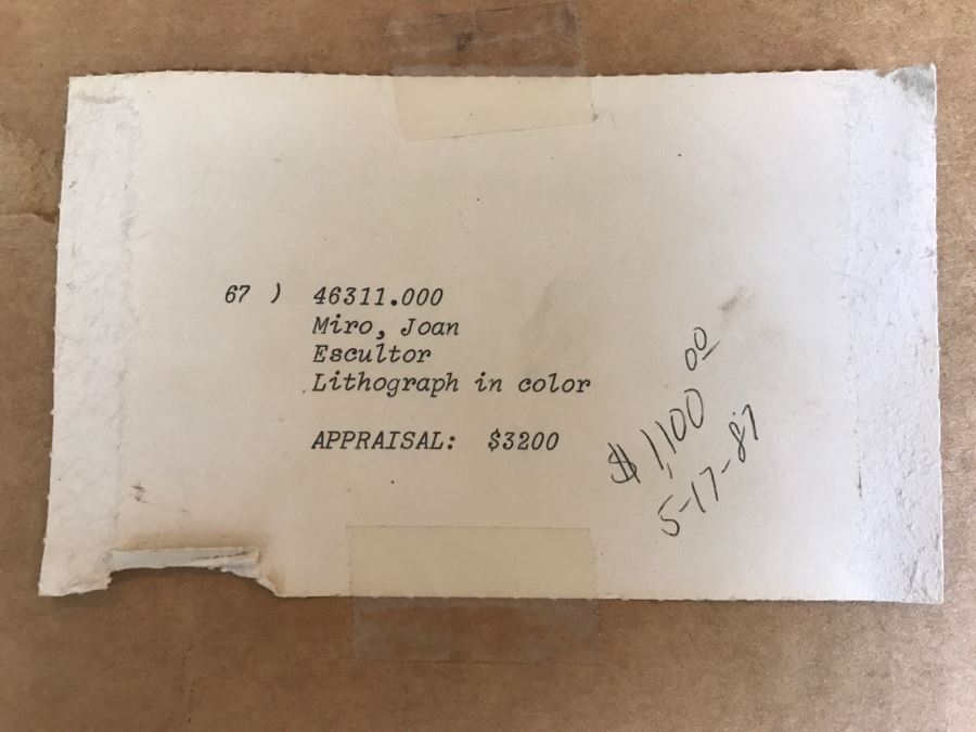 Joan Miro Lithograph Escultor Hand Signed Lower Right Limited Edition 5 Of 20 In Gilt Wood Frame Appraised For $3,200 In 1987 [Photo 26]