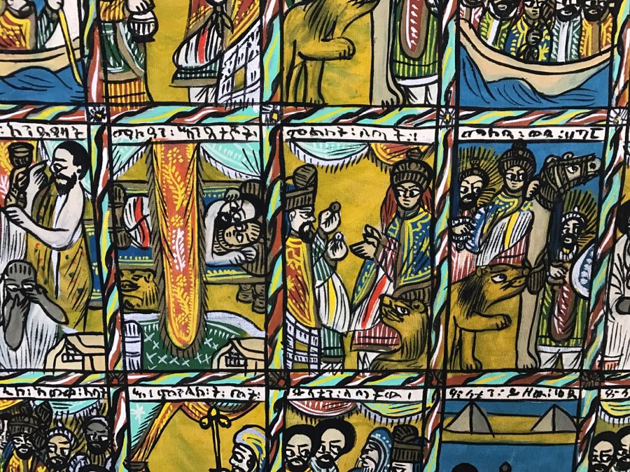 Large Original African Ethiopian Multi-Panel Oil Painting Of 44 Different Scenes Of The Biblical Story Of King Solomon And Queen Of Sheba In Teak Frame 57' X 35.5' [Photo 16]