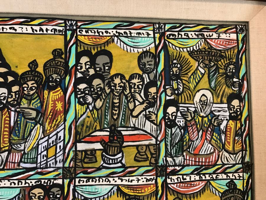 Large Original African Ethiopian Multi-Panel Oil Painting Of 44 Different Scenes Of The Biblical Story Of King Solomon And Queen Of Sheba In Teak Frame 57' X 35.5' [Photo 10]