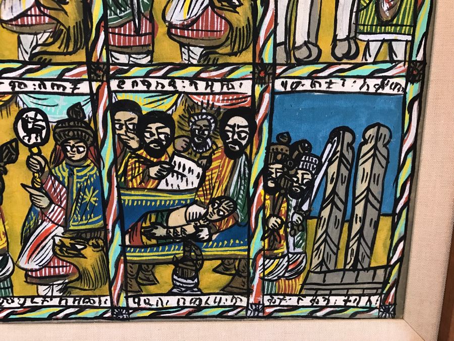 Large Original African Ethiopian Multi-Panel Oil Painting Of 44 Different Scenes Of The Biblical Story Of King Solomon And Queen Of Sheba In Teak Frame 57' X 35.5' [Photo 22]