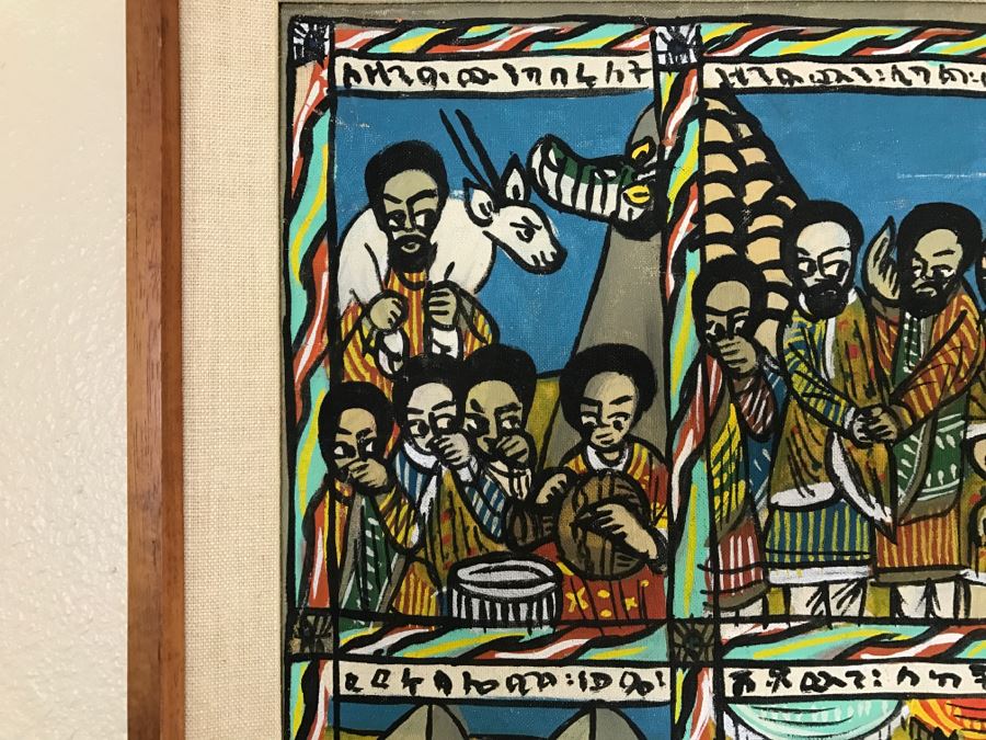 Large Original African Ethiopian Multi-Panel Oil Painting Of 44 Different Scenes Of The Biblical Story Of King Solomon And Queen Of Sheba In Teak Frame 57' X 35.5' [Photo 7]