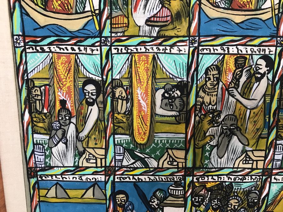 Large Original African Ethiopian Multi-Panel Oil Painting Of 44 Different Scenes Of The Biblical Story Of King Solomon And Queen Of Sheba In Teak Frame 57' X 35.5' [Photo 15]
