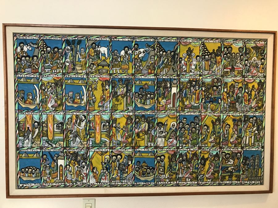 Large Original African Ethiopian Multi-Panel Oil Painting Of 44 Different Scenes Of The Biblical Story Of King Solomon And Queen Of Sheba In Teak Frame 57' X 35.5' [Photo 5]