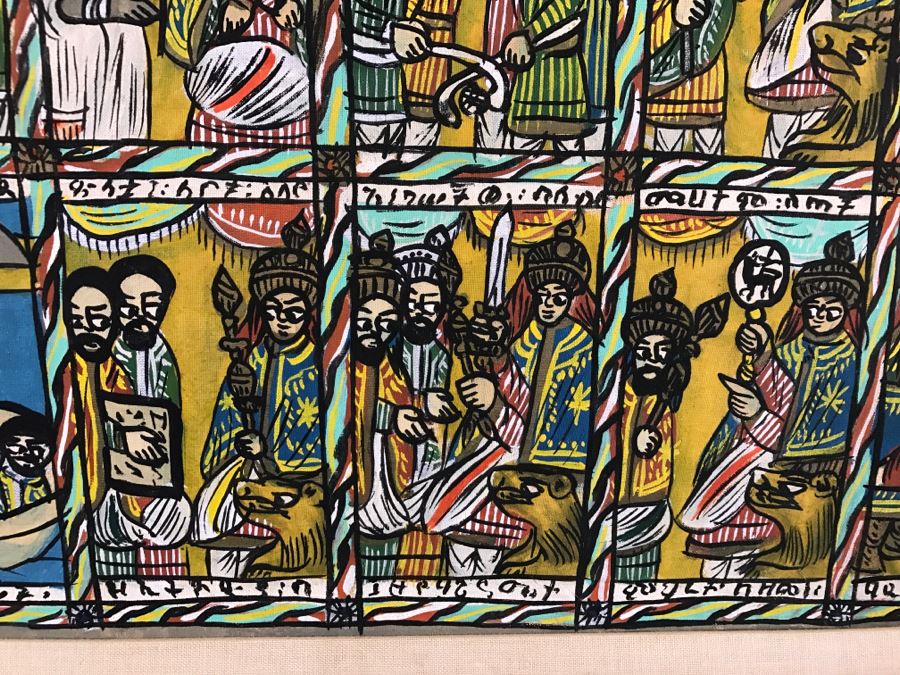 Large Original African Ethiopian Multi-Panel Oil Painting Of 44 Different Scenes Of The Biblical Story Of King Solomon And Queen Of Sheba In Teak Frame 57' X 35.5' [Photo 21]
