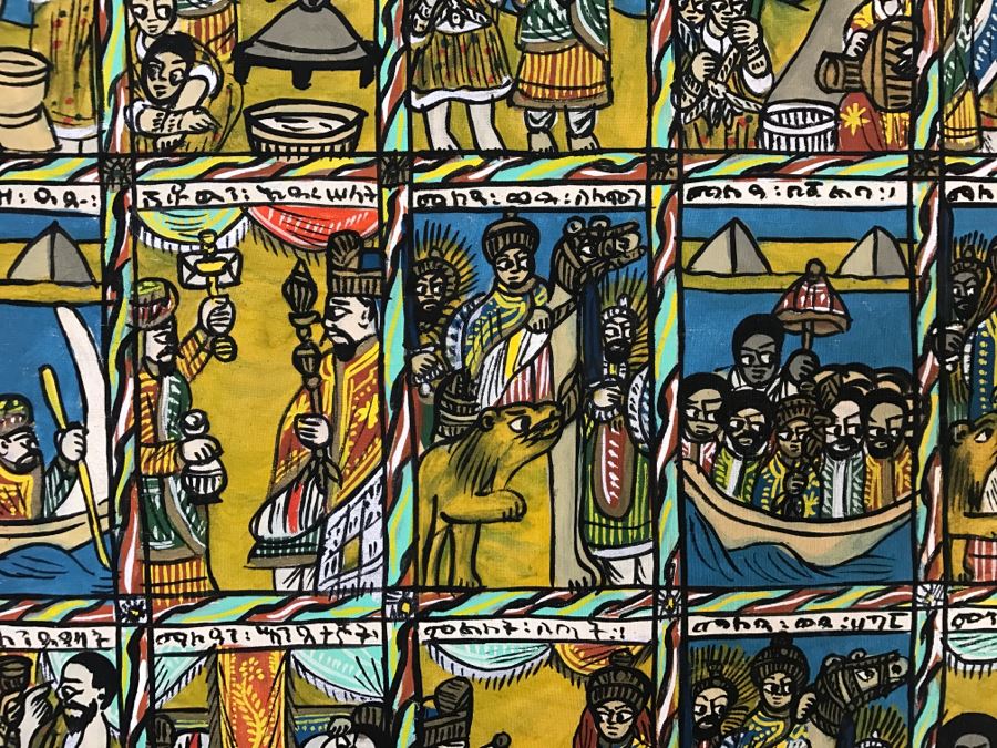 Large Original African Ethiopian Multi-Panel Oil Painting Of 44 Different Scenes Of The Biblical Story Of King Solomon And Queen Of Sheba In Teak Frame 57' X 35.5' [Photo 12]