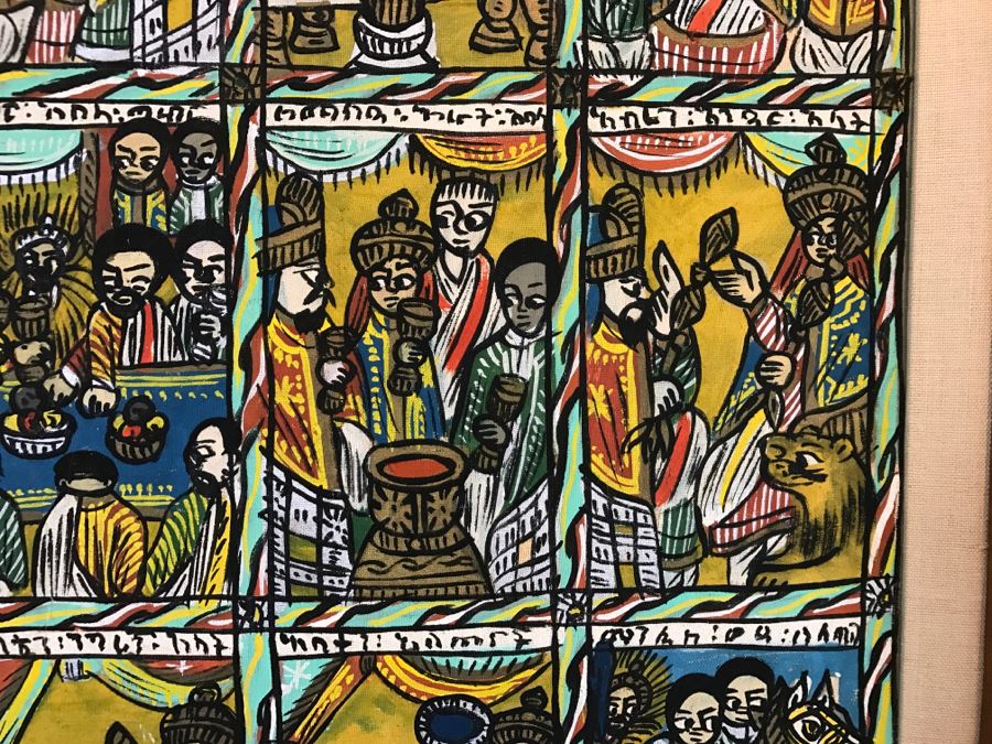 Large Original African Ethiopian Multi-Panel Oil Painting Of 44 Different Scenes Of The Biblical Story Of King Solomon And Queen Of Sheba In Teak Frame 57' X 35.5' [Photo 14]