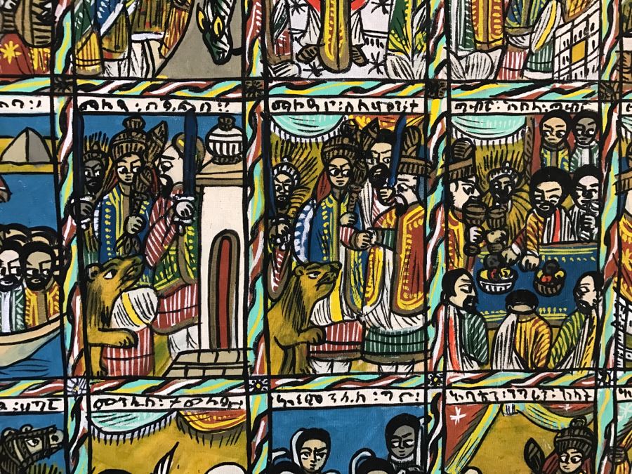 Large Original African Ethiopian Multi-Panel Oil Painting Of 44 Different Scenes Of The Biblical Story Of King Solomon And Queen Of Sheba In Teak Frame 57' X 35.5' [Photo 13]