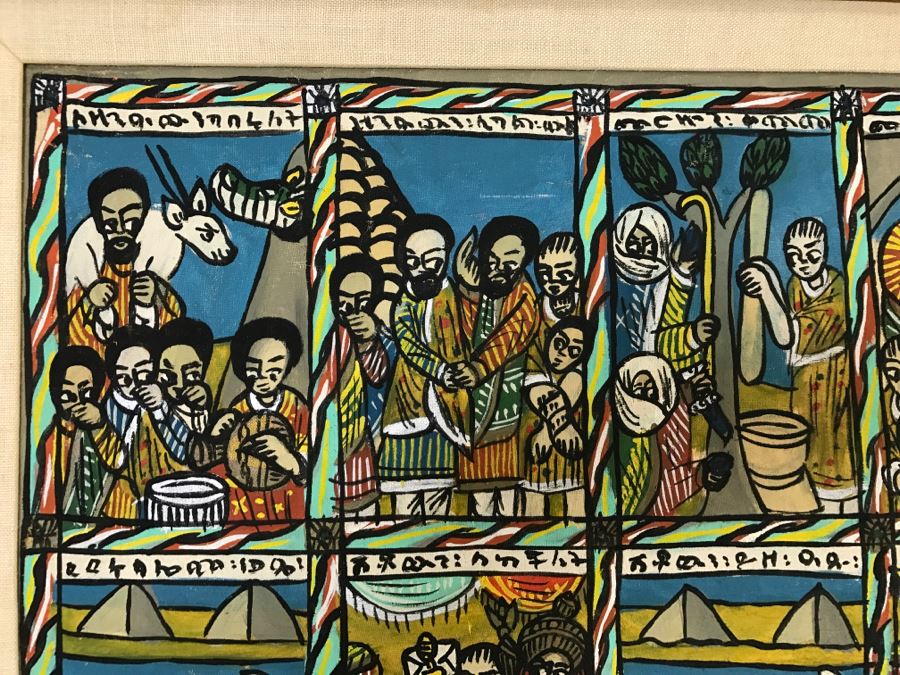 Large Original African Ethiopian Multi-Panel Oil Painting Of 44 Different Scenes Of The Biblical Story Of King Solomon And Queen Of Sheba In Teak Frame 57' X 35.5' [Photo 6]