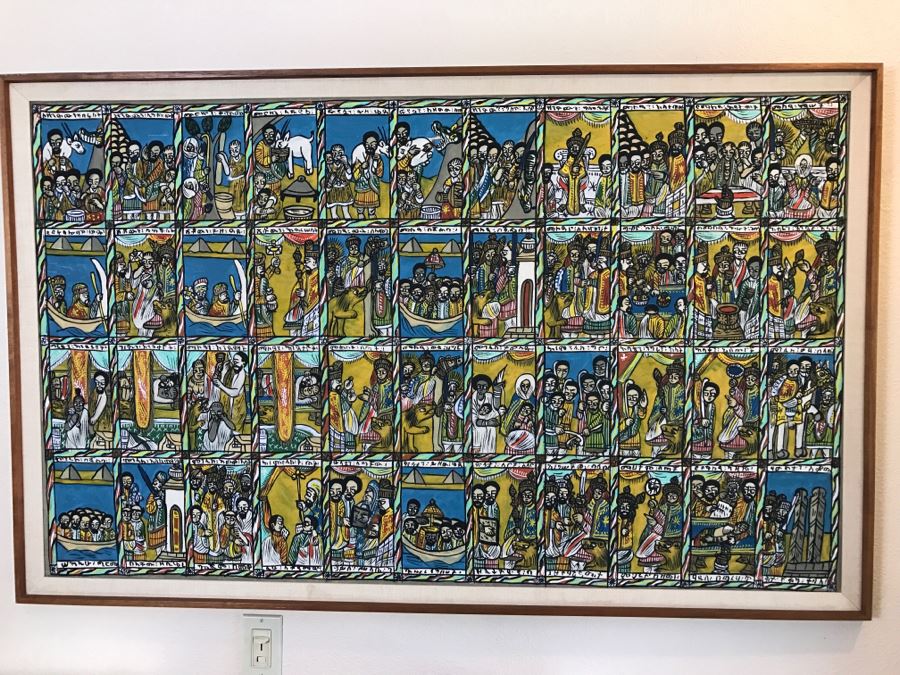 Large Original African Ethiopian Multi-Panel Oil Painting Of 44 Different Scenes Of The Biblical Story Of King Solomon And Queen Of Sheba In Teak Frame 57' X 35.5' [Photo 2]