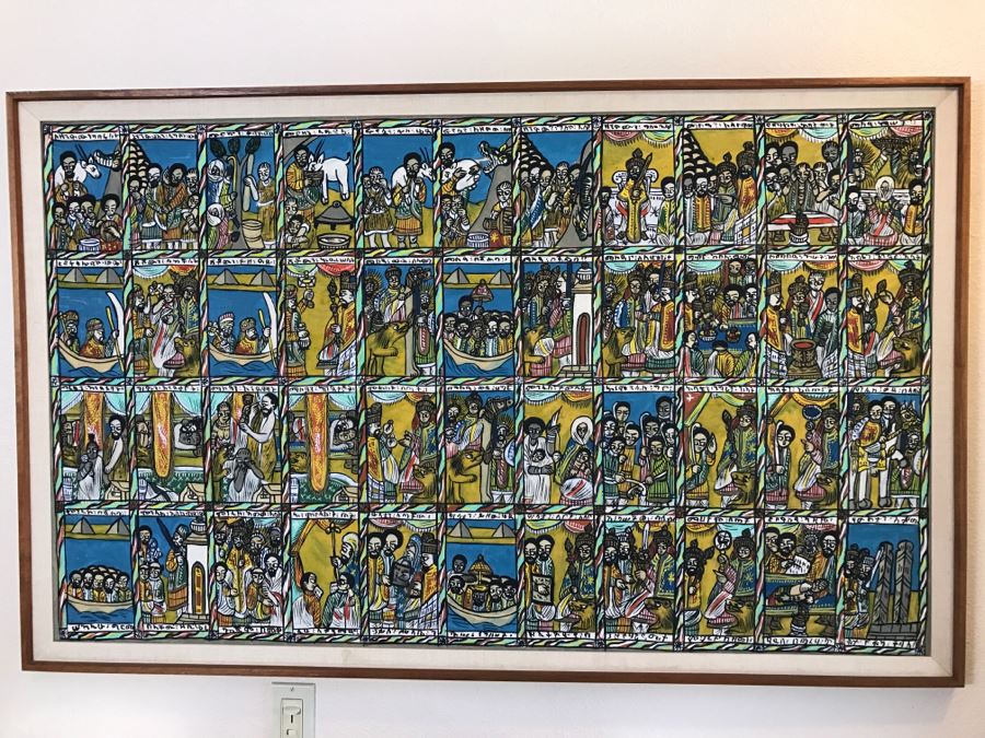 Large Original African Ethiopian Multi-Panel Oil Painting Of 44 Different Scenes Of The Biblical Story Of King Solomon And Queen Of Sheba In Teak Frame 57' X 35.5'