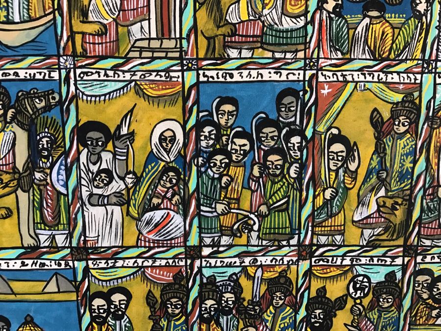 Large Original African Ethiopian Multi-Panel Oil Painting Of 44 Different Scenes Of The Biblical Story Of King Solomon And Queen Of Sheba In Teak Frame 57' X 35.5' [Photo 17]