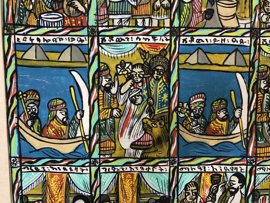 Large Original African Ethiopian Multi-Panel Oil Painting Of 44 Different Scenes Of The Biblical Story Of King Solomon And Queen Of Sheba In Teak Frame 57' X 35.5' [Photo 11]