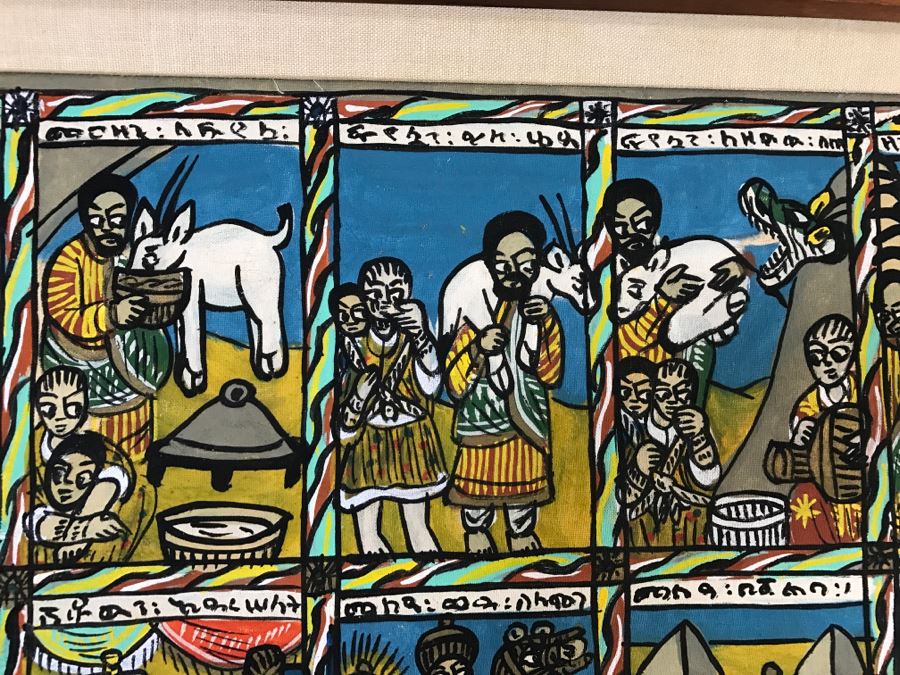 Large Original African Ethiopian Multi-Panel Oil Painting Of 44 Different Scenes Of The Biblical Story Of King Solomon And Queen Of Sheba In Teak Frame 57' X 35.5' [Photo 8]