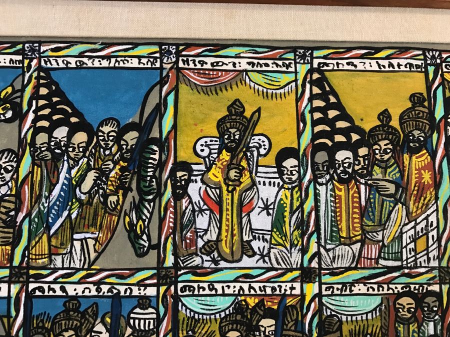Large Original African Ethiopian Multi-Panel Oil Painting Of 44 Different Scenes Of The Biblical Story Of King Solomon And Queen Of Sheba In Teak Frame 57' X 35.5' [Photo 9]