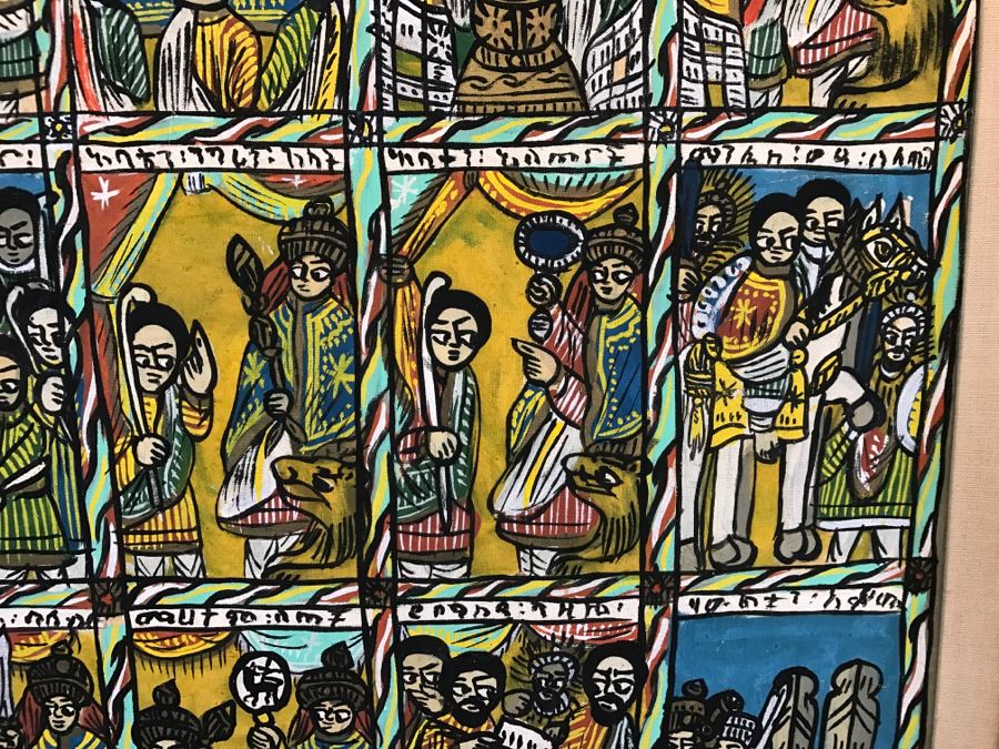 Large Original African Ethiopian Multi-Panel Oil Painting Of 44 Different Scenes Of The Biblical Story Of King Solomon And Queen Of Sheba In Teak Frame 57' X 35.5' [Photo 18]