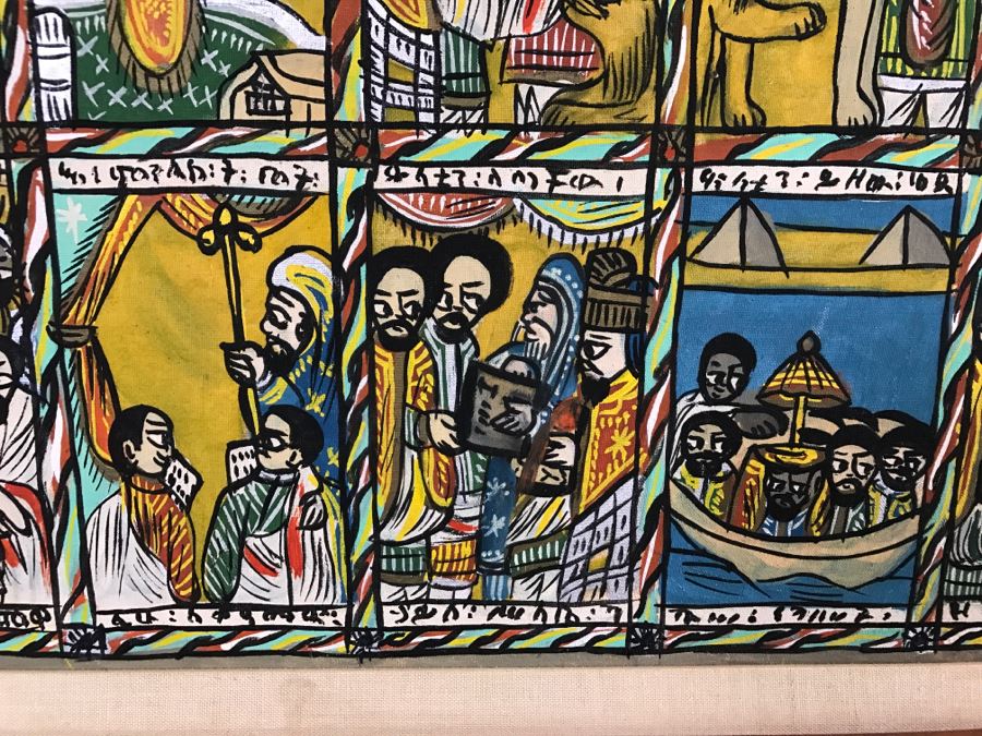 Large Original African Ethiopian Multi-Panel Oil Painting Of 44 Different Scenes Of The Biblical Story Of King Solomon And Queen Of Sheba In Teak Frame 57' X 35.5' [Photo 20]