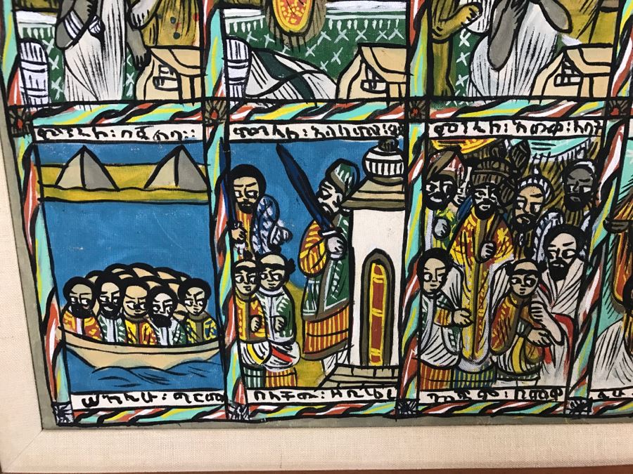 Large Original African Ethiopian Multi-Panel Oil Painting Of 44 Different Scenes Of The Biblical Story Of King Solomon And Queen Of Sheba In Teak Frame 57' X 35.5' [Photo 19]