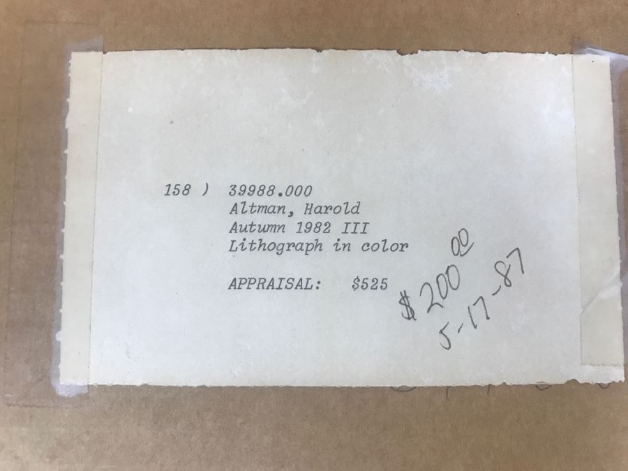 Harold Altman 'Autumn 1982 III' Lithograph In Color Hand Signed Lower Right In Gilt Wood Frame Appraised For $525 In 1987 [Photo 15]