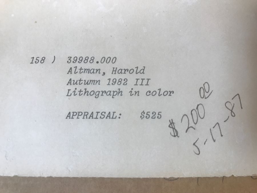 Harold Altman 'Autumn 1982 III' Lithograph In Color Hand Signed Lower Right In Gilt Wood Frame Appraised For $525 In 1987 [Photo 16]