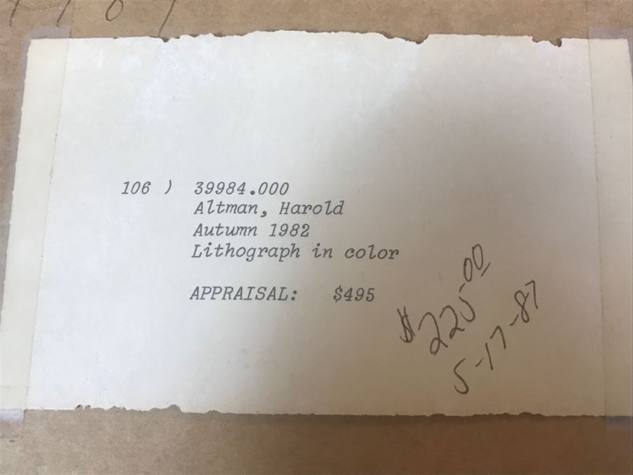 Harold Altman 'Autumn 1982' Lithograph In Color Hand Signed Lower Right In Gilt Wood Frame Appraised For $495 In 1987 [Photo 13]