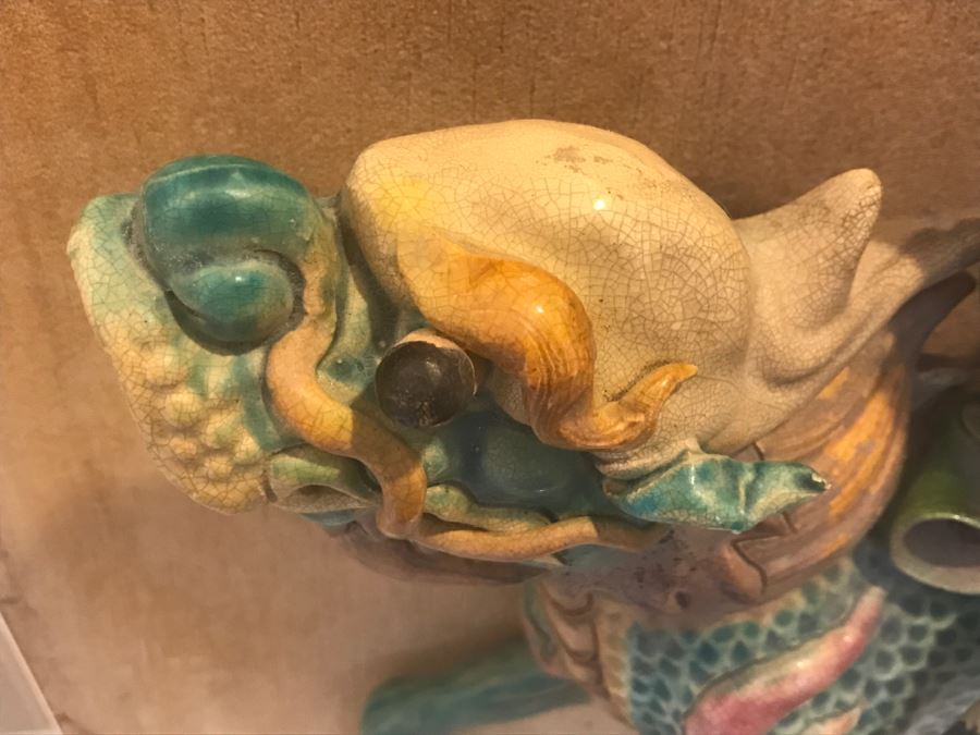 Antique Chinese Painted Temple Roof Ornament Mythological Warrior Riding Mythical Beast In Lucite Presentation Box Purchased In China [Photo 10]