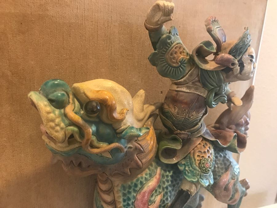 Antique Chinese Painted Temple Roof Ornament Mythological Warrior Riding Mythical Beast In Lucite Presentation Box Purchased In China [Photo 19]