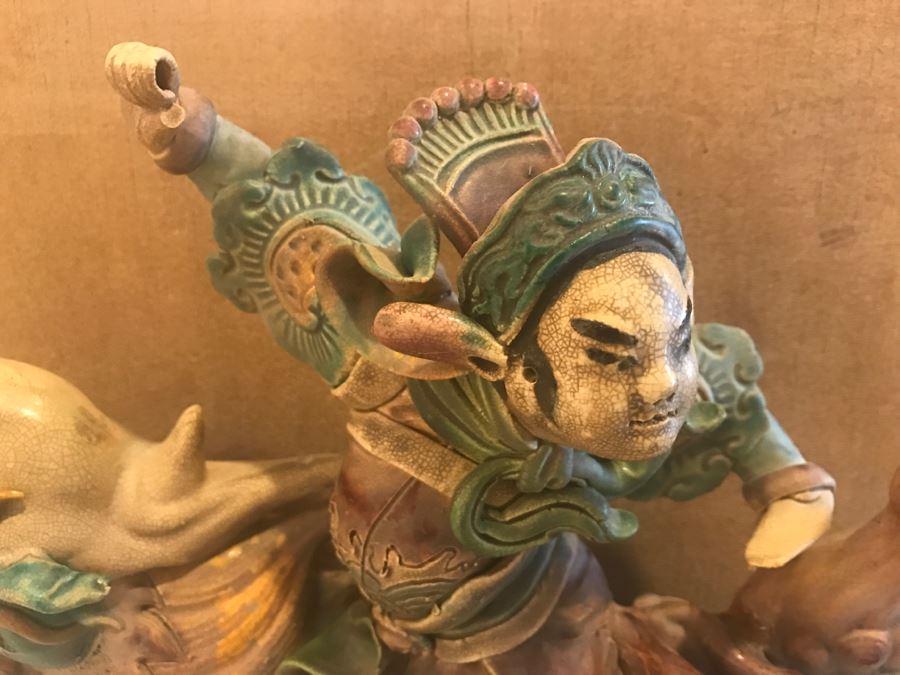 Antique Chinese Painted Temple Roof Ornament Mythological Warrior Riding Mythical Beast In Lucite Presentation Box Purchased In China [Photo 5]