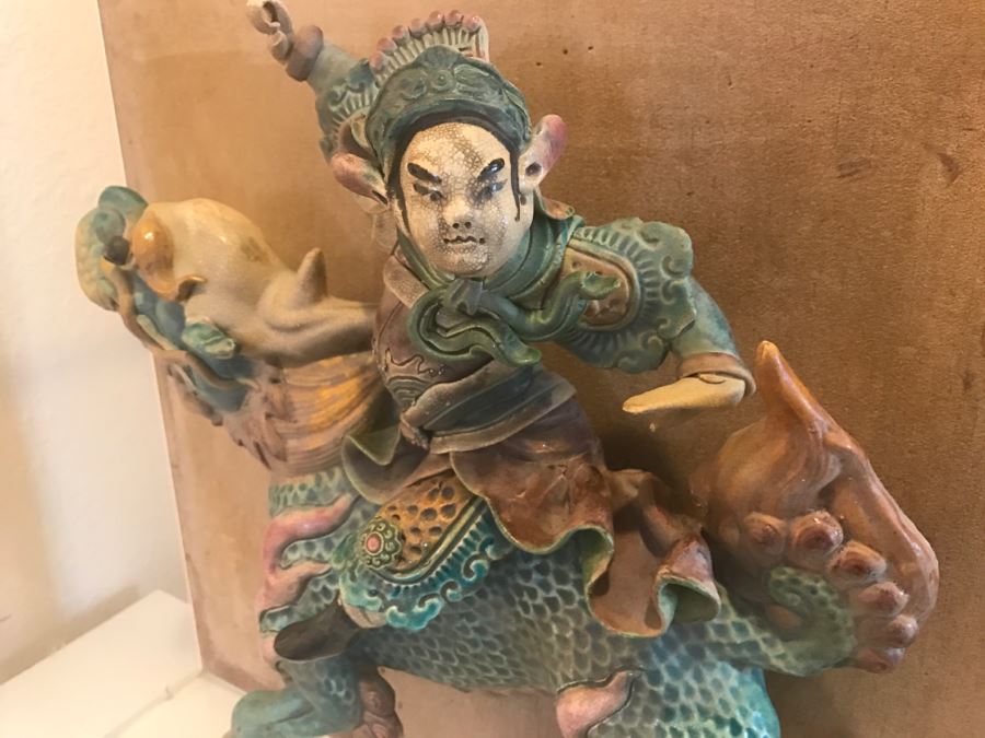 Antique Chinese Painted Temple Roof Ornament Mythological Warrior Riding Mythical Beast In Lucite Presentation Box Purchased In China [Photo 2]