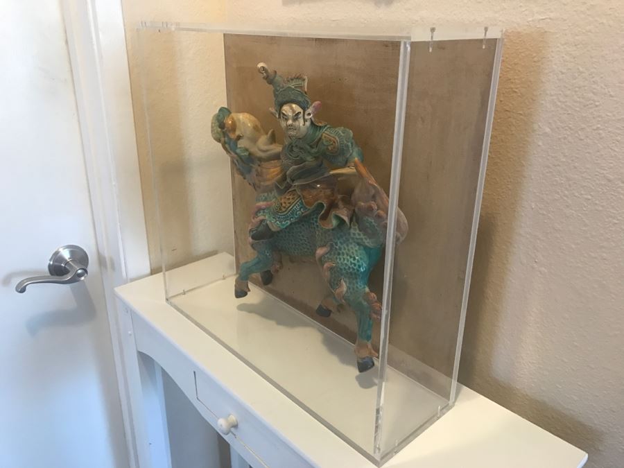 Antique Chinese Painted Temple Roof Ornament Mythological Warrior Riding Mythical Beast In Lucite Presentation Box Purchased In China [Photo 6]