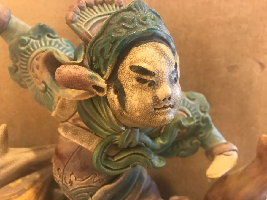 Antique Chinese Painted Temple Roof Ornament Mythological Warrior Riding Mythical Beast In Lucite Presentation Box Purchased In China [Photo 3]