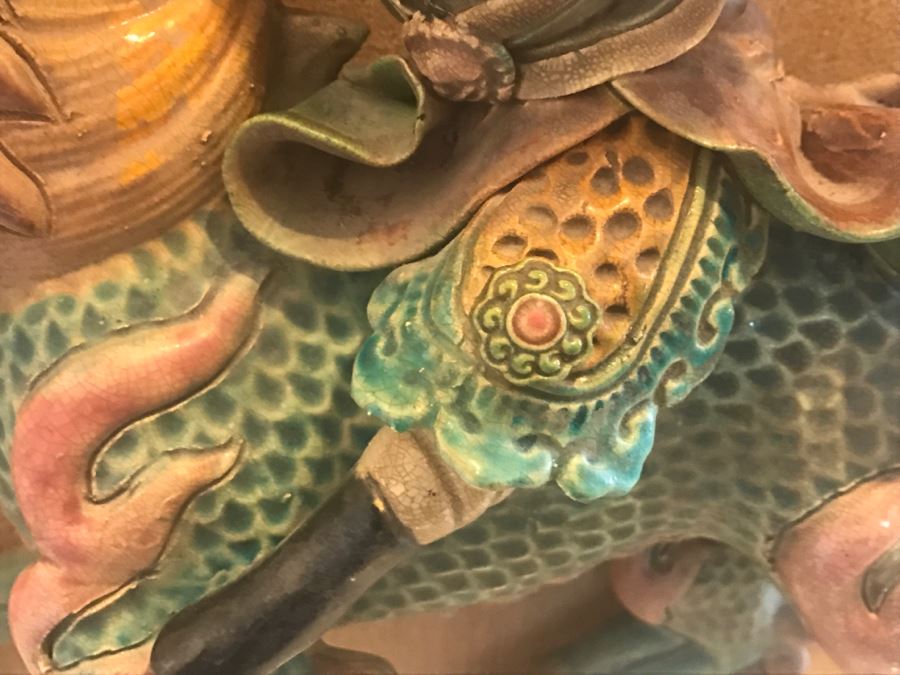 Antique Chinese Painted Temple Roof Ornament Mythological Warrior Riding Mythical Beast In Lucite Presentation Box Purchased In China [Photo 8]