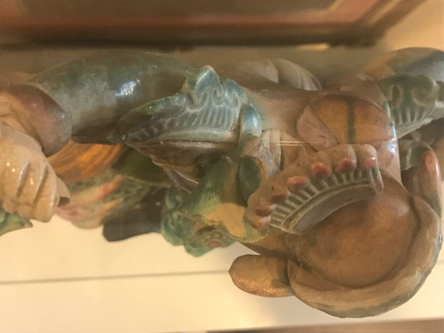 Antique Chinese Painted Temple Roof Ornament Mythological Warrior Riding Mythical Beast In Lucite Presentation Box Purchased In China [Photo 15]