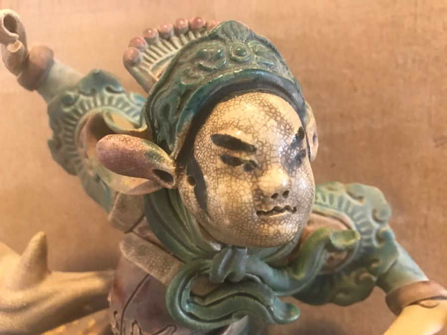 Antique Chinese Painted Temple Roof Ornament Mythological Warrior Riding Mythical Beast In Lucite Presentation Box Purchased In China [Photo 21]