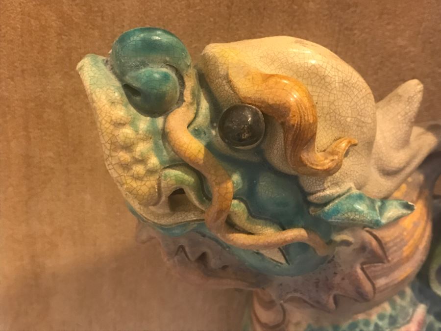 Antique Chinese Painted Temple Roof Ornament Mythological Warrior Riding Mythical Beast In Lucite Presentation Box Purchased In China [Photo 9]