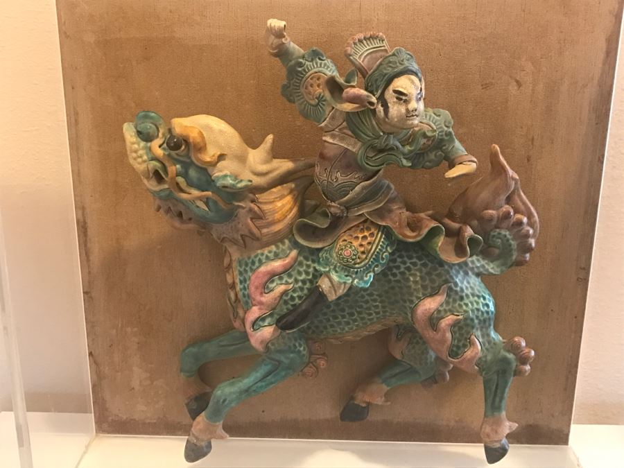 Antique Chinese Painted Temple Roof Ornament Mythological Warrior Riding Mythical Beast In Lucite Presentation Box Purchased In China [Photo 14]