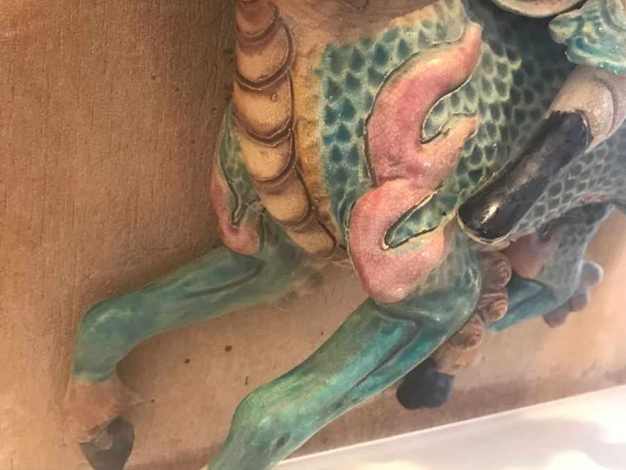 Antique Chinese Painted Temple Roof Ornament Mythological Warrior Riding Mythical Beast In Lucite Presentation Box Purchased In China [Photo 11]