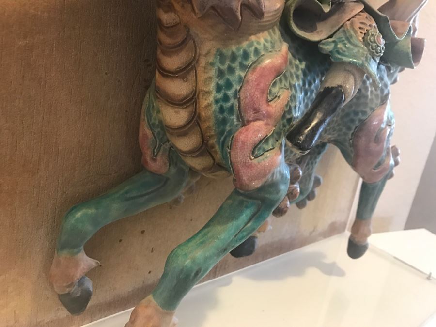 Antique Chinese Painted Temple Roof Ornament Mythological Warrior Riding Mythical Beast In Lucite Presentation Box Purchased In China [Photo 18]