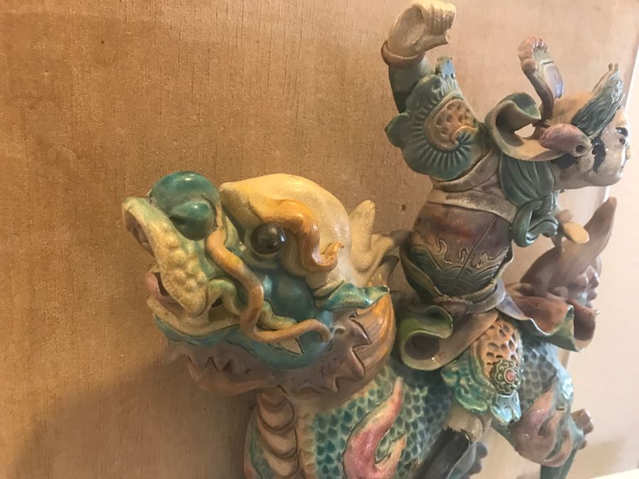 Antique Chinese Painted Temple Roof Ornament Mythological Warrior Riding Mythical Beast In Lucite Presentation Box Purchased In China [Photo 17]