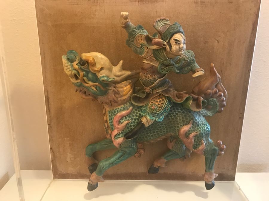 Antique Chinese Painted Temple Roof Ornament Mythological Warrior Riding Mythical Beast In Lucite Presentation Box Purchased In China