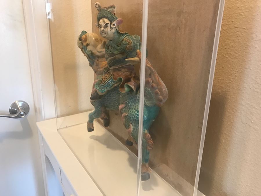 Antique Chinese Painted Temple Roof Ornament Mythological Warrior Riding Mythical Beast In Lucite Presentation Box Purchased In China [Photo 7]