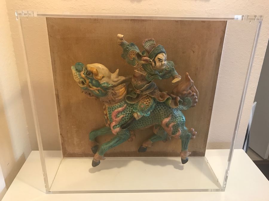 Antique Chinese Painted Temple Roof Ornament Mythological Warrior Riding Mythical Beast In Lucite Presentation Box Purchased In China [Photo 4]