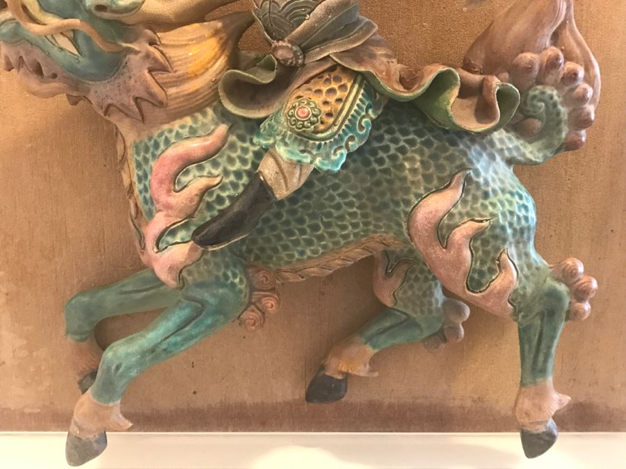 Antique Chinese Painted Temple Roof Ornament Mythological Warrior Riding Mythical Beast In Lucite Presentation Box Purchased In China [Photo 13]