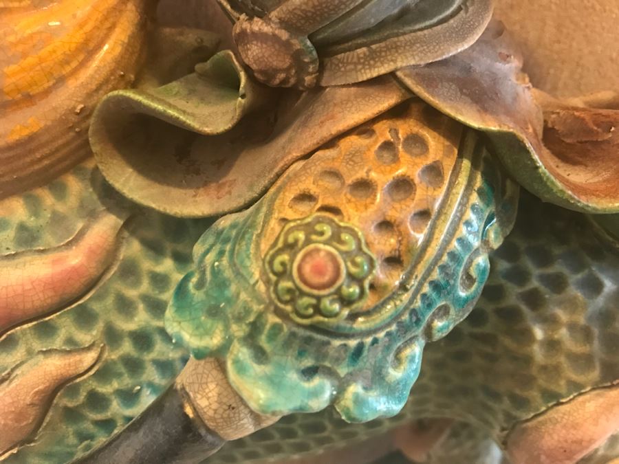 Antique Chinese Painted Temple Roof Ornament Mythological Warrior Riding Mythical Beast In Lucite Presentation Box Purchased In China [Photo 20]