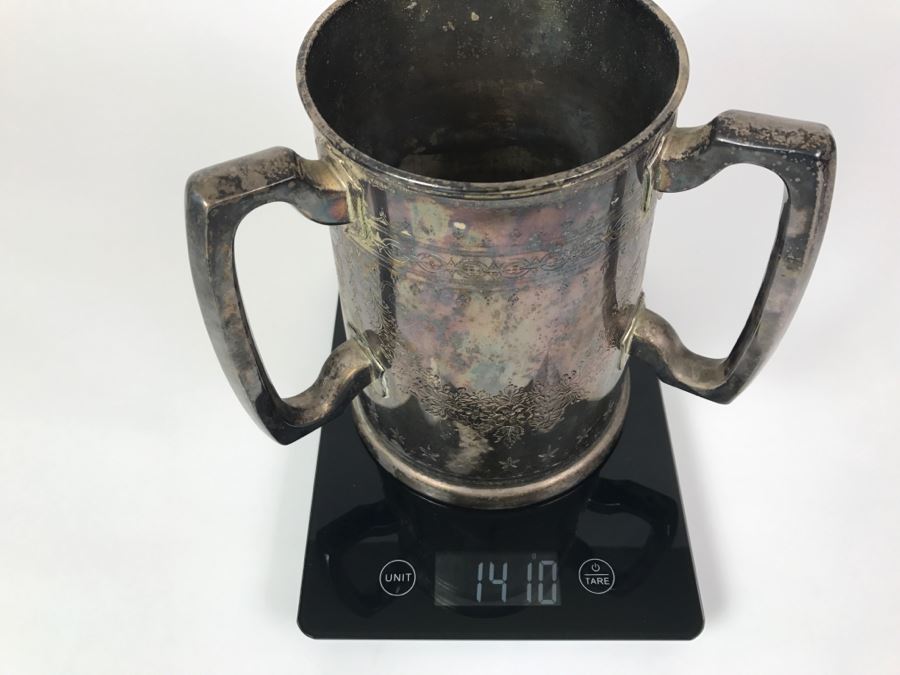 Antique 3-Handle Henry Atkin Atkin Brothers Sheffield British Plated Nickel Silver BPNS Mug Stein Tankard Glass Bottom Ship Mug 1,410g [Photo 19]