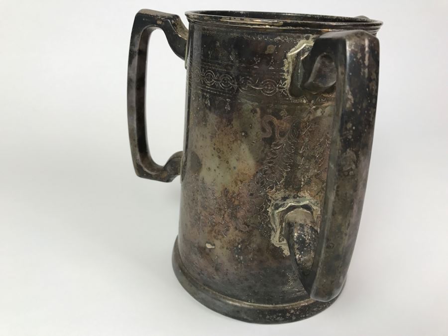 Antique 3-Handle Henry Atkin Atkin Brothers Sheffield British Plated Nickel Silver BPNS Mug Stein Tankard Glass Bottom Ship Mug 1,410g [Photo 6]