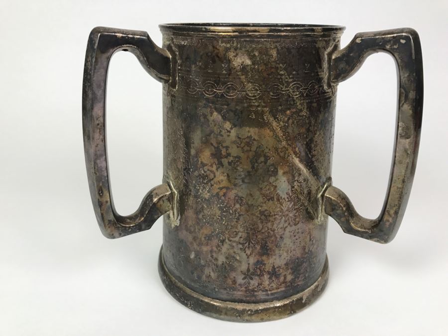 Antique 3-Handle Henry Atkin Atkin Brothers Sheffield British Plated Nickel Silver BPNS Mug Stein Tankard Glass Bottom Ship Mug 1,410g [Photo 7]