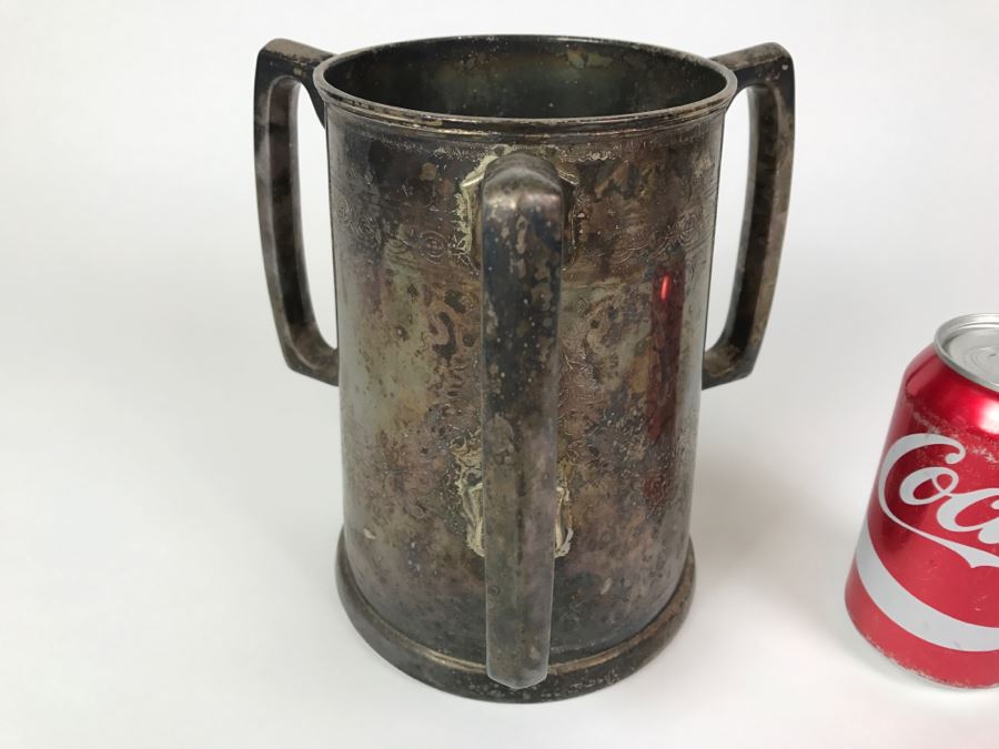 Antique 3-Handle Henry Atkin Atkin Brothers Sheffield British Plated Nickel Silver BPNS Mug Stein Tankard Glass Bottom Ship Mug 1,410g [Photo 3]